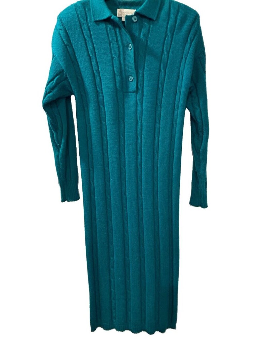 Vintage 80’s/90’s Teal Cable Knit Long Sweater Dress Size M Shoulder Pads Collar
